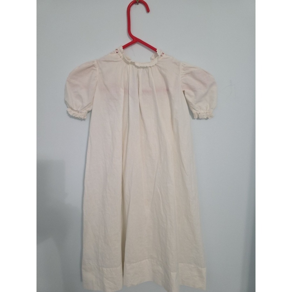 Antique White Cotton Christening Gown Lace Trim Puff Sleeve Baby Dress 28in L